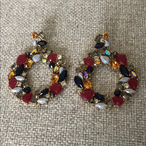 J. Crew Earrings Floral Wreath Gemstones Jewel Dark Peony Red - Picture 4 of 7